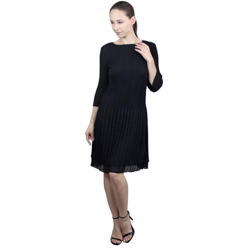 High Neck 3/4 Sleeve Crinkle Dress - Black